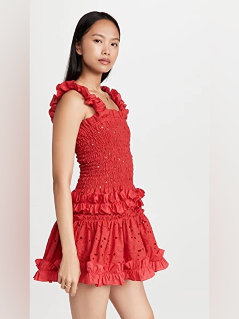 Red Ruffle Mini Dress with Smocked Bodice